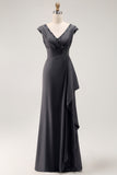 Long Steel Grey V-Neck Sheath Mother of the Bride Dress with Ruffles