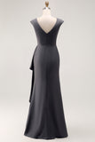 Long Steel Grey V-Neck Sheath Mother of the Bride Dress with Ruffles