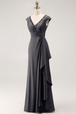Long Steel Grey V-Neck Sheath Mother of the Bride Dress with Ruffles
