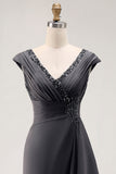 Long Steel Grey V-Neck Sheath Mother of the Bride Dress with Ruffles
