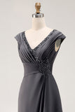 Long Steel Grey V-Neck Sheath Mother of the Bride Dress with Ruffles