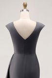 Long Steel Grey V-Neck Sheath Mother of the Bride Dress with Ruffles