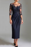 Navy Sheath Satin Illusion Neck Mother of the Bride Dress with Appliques