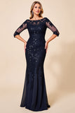 Navy Mermaid Boat Neck Lace Mother of the Bride Dress