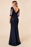 Navy Mermaid Boat Neck Lace Mother of the Bride Dress
