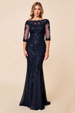 Navy Mermaid Boat Neck Lace Mother of the Bride Dress