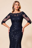 Navy Mermaid Boat Neck Lace Mother of the Bride Dress