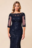 Navy Mermaid Boat Neck Lace Mother of the Bride Dress