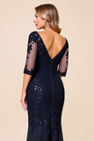 Navy Mermaid Boat Neck Lace Mother of the Bride Dress