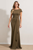 Olive Sheath Boat Neck Ruched Maxi Mother of the Bride Dress