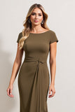 Olive Sheath Boat Neck Ruched Maxi Mother of the Bride Dress