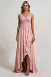 Blush V-Neck A line High-Low Mother of the Bride Dress with Ruffles
