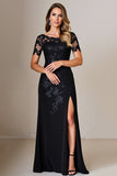 Black Sheath Round Neck Satin Mother of the Bride Dress with Slit
