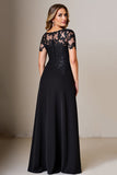 Black Sheath Round Neck Satin Mother of the Bride Dress with Slit