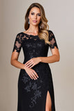 Black Sheath Round Neck Satin Mother of the Bride Dress with Slit