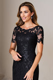 Black Sheath Round Neck Satin Mother of the Bride Dress with Slit