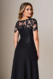 Black Sheath Round Neck Satin Mother of the Bride Dress with Slit