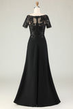 Black Sheath Round Neck Satin Mother of the Bride Dress with Slit