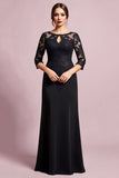 Black Sheath Satin lllusion Round Neck Mother of the Bride Dress with Lace