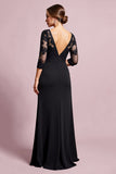 Black Sheath Satin lllusion Round Neck Mother of the Bride Dress with Lace