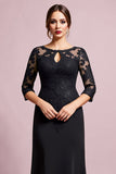 Black Sheath Satin lllusion Round Neck Mother of the Bride Dress with Lace