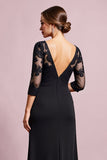 Black Sheath Satin lllusion Round Neck Mother of the Bride Dress with Lace