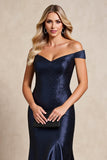 Navy Satin Mermaid Off the Shoulder Mother of the Bride Dress