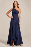 Navy A Line One Shoulder Mother of the Bride Dress with Lace