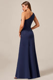 Navy A Line One Shoulder Mother of the Bride Dress with Lace