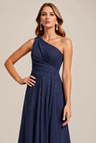 Navy A Line One Shoulder Mother of the Bride Dress with Lace