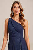Navy A Line One Shoulder Mother of the Bride Dress with Lace