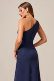 Navy A Line One Shoulder Mother of the Bride Dress with Lace
