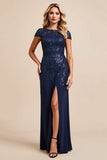 Navy Sheath Chiffon Boat Neck Mother of the Bride Dress with Slit