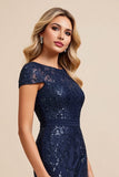 Navy Sheath Chiffon Boat Neck Mother of the Bride Dress with Slit