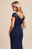 Navy Sheath Chiffon Boat Neck Mother of the Bride Dress with Slit