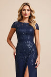 Navy Sheath Chiffon Boat Neck Mother of the Bride Dress with Slit