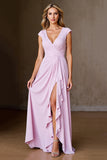 Candy Pink A Line Maxi Chiffon Mother of the Bride Dress with Ruffles