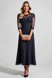 Navy A Line Boat Neck Chiffon Mother of the Bride Dress with Lace
