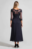 Navy A Line Boat Neck Chiffon Mother of the Bride Dress with Lace