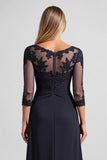Navy A Line Boat Neck Chiffon Mother of the Bride Dress with Lace