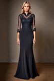 Black Satin High Neck Mermaid Mother of the Bride Dress with Lace