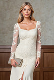 Champagne Square Neck Sheath Satin Mother of the Bride Dress with Slit