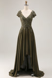 Olive A Line Satin High-Low Mother of the Bride Dress with Lace