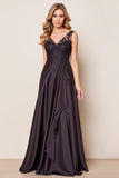 Black Satin A Line V-Neck Mother of the Bride Dress with Lace