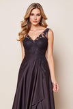 Black Satin A Line V-Neck Mother of the Bride Dress with Lace