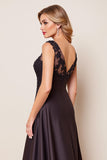 Black Satin A Line V-Neck Mother of the Bride Dress with Lace