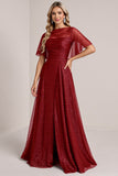 Glitter Burgundy Illusion Boat Neck Maxi Bridesmaid Dress