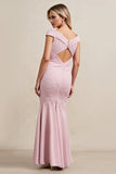 Candy Pink Boat Neck Mermaid Maxi Mother of Bride Dress with Appliques