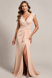 Apricot Ruched V-Neck Maxi Mother of the Bride Dress