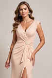 Apricot Ruched V-Neck Maxi Mother of the Bride Dress